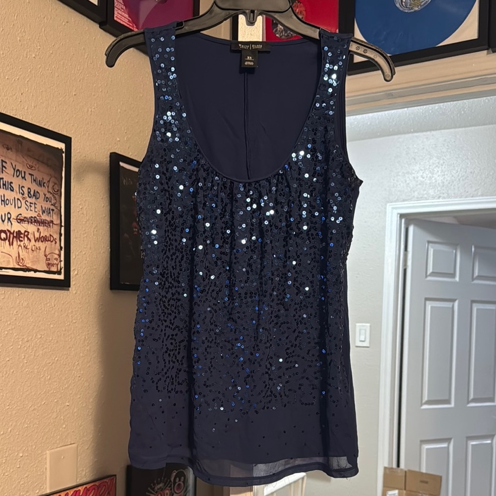 Navy Blue Sequin Sleeveless Top
